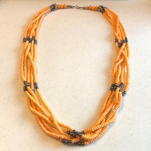 Orange Beaded Multi Strand Fashion Necklace Circa 1980’s - Picture 1 of 2